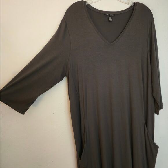Eileen Fisher V-Neck A-Line Dress Size XL Gray Elevated Casual Jersey Shift - Picture 4 of 12